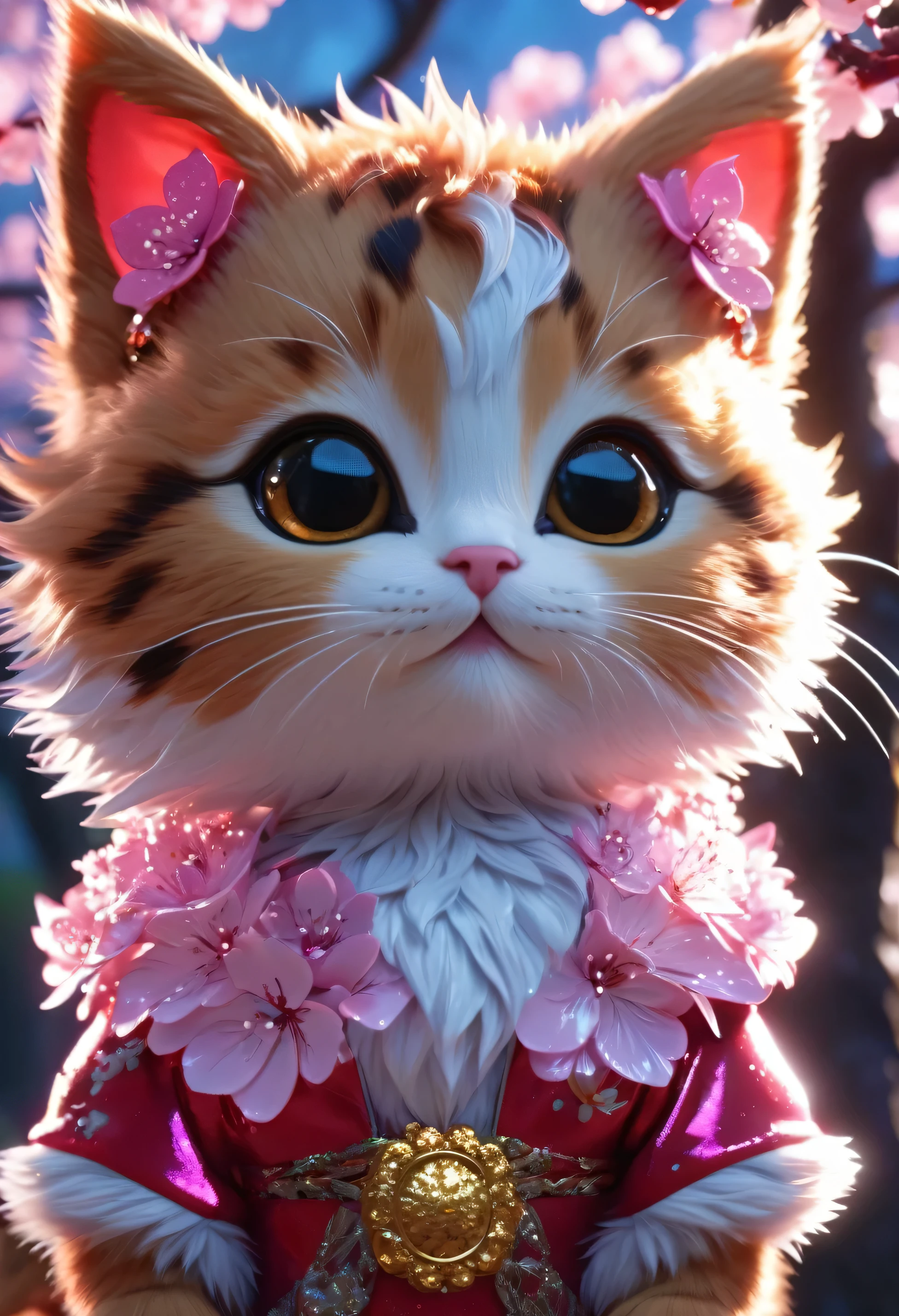 Side view, supersaturation, colorfully, fairy tale, dream-like, cinematic character rendering, oil, 3D, 8K resolution, sequins, Sparkling, cherry blossom forest, moonlight, Closeup portrait of adorable chibi cute anthropomorphic kitten king, fine eyes, large, round reflective eyes, 