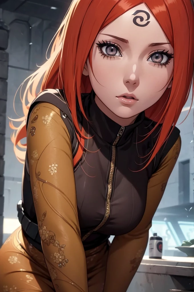 Kushina uzumaki, squatt, pantyhose, sexly, beautiful detailed eyes, beautiful detailed lips, extreme detailed face, long eyelashes, detailed and intricate clothing, dynamic pose, photorrealistic, 4K, hyper detailled, cinematic lighting, dramatic colors, epic science fiction, film composition, in this 