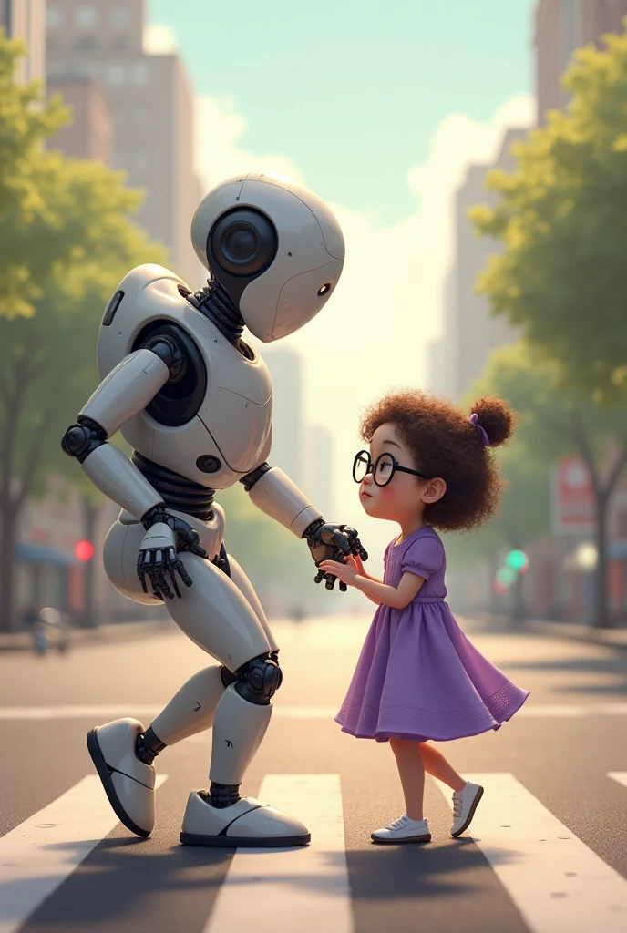 Robot helping cute eyes closed with black glasses child to walk carefully in road crossing..she wears cute purple frock. Her eyes are closed.her hair is curly and cute