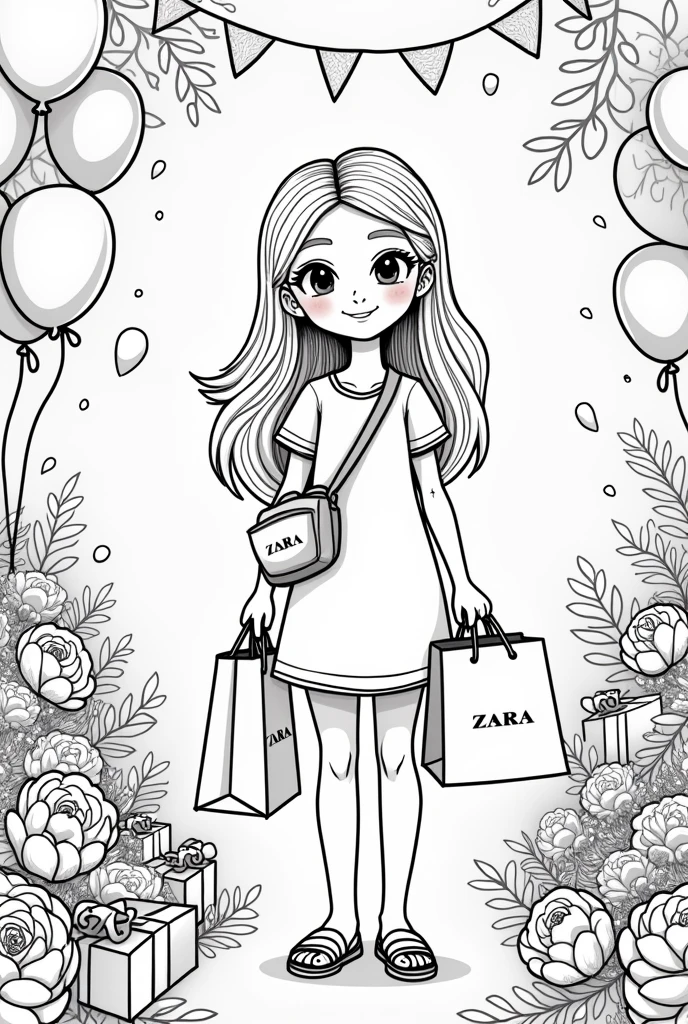 Create an illustration for a children's coloring book, which can be used in the Zara store. Leave the clothes and background without color., so that children can color them to their liking. A girl holds two Zara bags in her hands. Her hair is long, She is wearing a short straight dress with short sleeves.. Crossbody Bag. She is wearing sandals on her feet..
The background contains birthday elements - balloons, Garlands, Gift Boxes, Bouquet of peonies