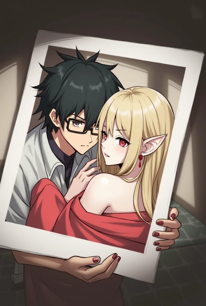 A beautiful necromancer mature girl and a handsome young boy, Black short disshalve hair with Brown eyes and glasses, romantic couple in love, blonde long-haired girl, big red eyes, elf ear with a red-colored earring not in her left ear, wearing long shirt without pants, in a room setting, masterpiece, best quality, absurdly high resolution