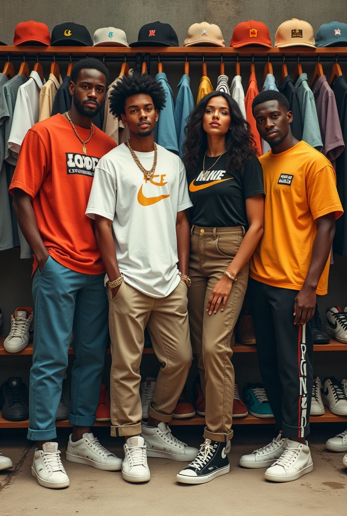 (photorealism: 1.2), beautiful sneakers, beautiful t-shirts, lesions, pants, urban style, White man, black woman, black man, White woman, around clothes of all kinds, realistic, intricate details, warm colors, Lt. Greg Rutkowski, by Alphonse Mucha, Dimensions: 1920px x 300 px