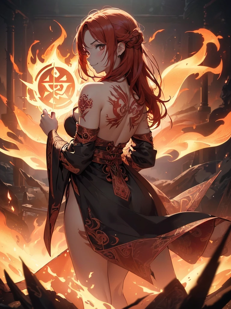 (((best quality, sharp image, clear image, cinematic lighting, 8k resolution, masterpiece, ultra detailed, intricate))) Girl, (((looking over left shoulder))), (shot from behind), fire mage, ((intricate background)), ((chaotic background)), red hair, smiling, ((flame runes, flame sigils)), (tatoo on back), slim figure, flying sigils, long dress, cute