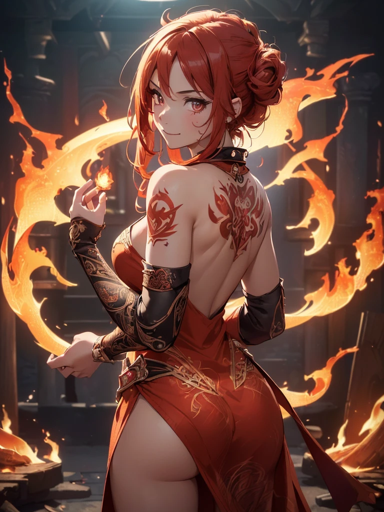 (((best quality, sharp image, clear image, cinematic lighting, 8k resolution, masterpiece, ultra detailed, intricate))) Girl, (((looking over left shoulder))), (shot from behind), fire mage, ((intricate background)), ((chaotic background)), red hair, smiling, ((flame runes, flame sigils)), (tatoo on back), slim figure, flying sigils, long dress, cute