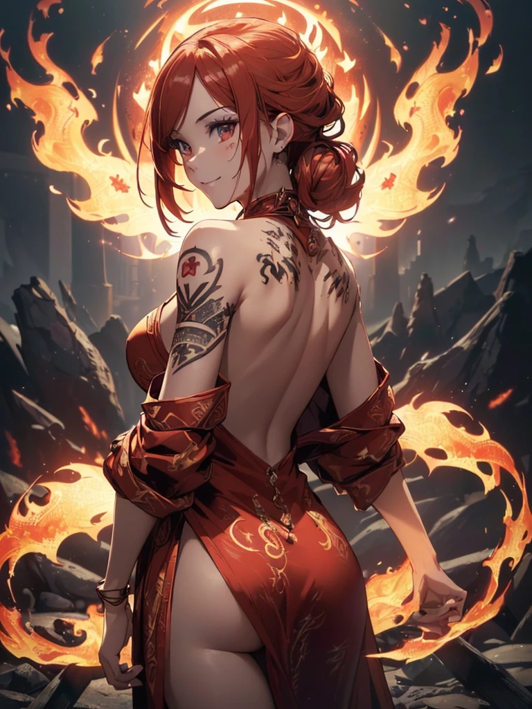 (((best quality, sharp image, clear image, cinematic lighting, 8k resolution, masterpiece, ultra detailed, intricate))) Girl, (((looking over left shoulder))), (shot from behind), fire mage, ((intricate background)), ((chaotic background)), red hair, smiling, ((flame runes, flame sigils)), (tatoo on back), slim figure, flying sigils, long dress, cute