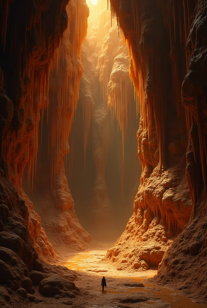 Giant cave in height and width, with dark chocolate brown walls, with large honey-colored caramel stalactites , and without any natural light, and dark, and no entry or exit, underground cave, deep and never explored cave, Minecraft cave style 