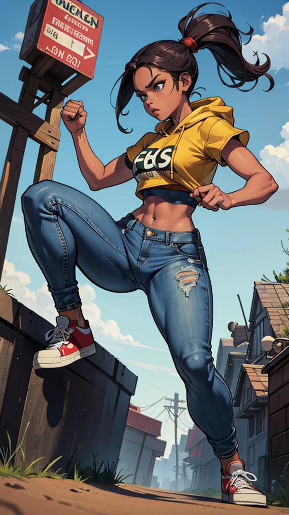 one,8k highly detailed, casual games, , comic book art style, Full body photo,1 girl, sketch, detailed background, ((African American)), hoodie midriff, rolled up sleeves, (low rise bell bottom jeans), sneakers shoes, lovely long ponytail twist dredloks, fearless expression, Full body shot, fighting kicking stance, comic book artstyle