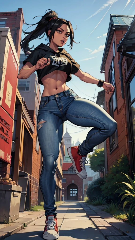 one,8k highly detailed, casual games, , comic book art style, Full body photo,1 girl, sketch, detailed background, ((African American)), hoodie midriff, rolled up sleeves, (low rise bell bottom jeans), sneakers shoes, lovely long ponytail twist dredloks, fearless expression, Full body shot, fighting kicking stance, comic book artstyle 