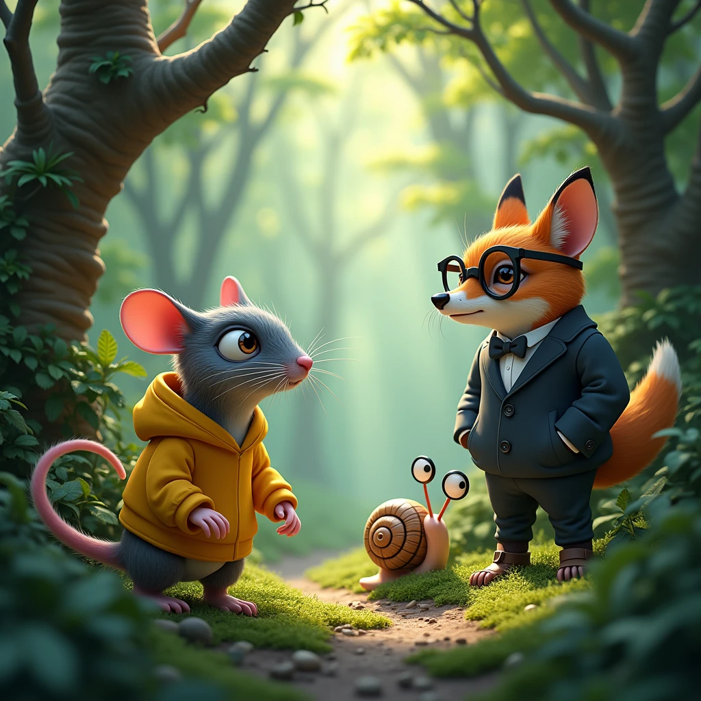 make a forest, add a rat with a yellow sweatshirt, an owl wearing a formal suit, an emo fox and a snail with glasses