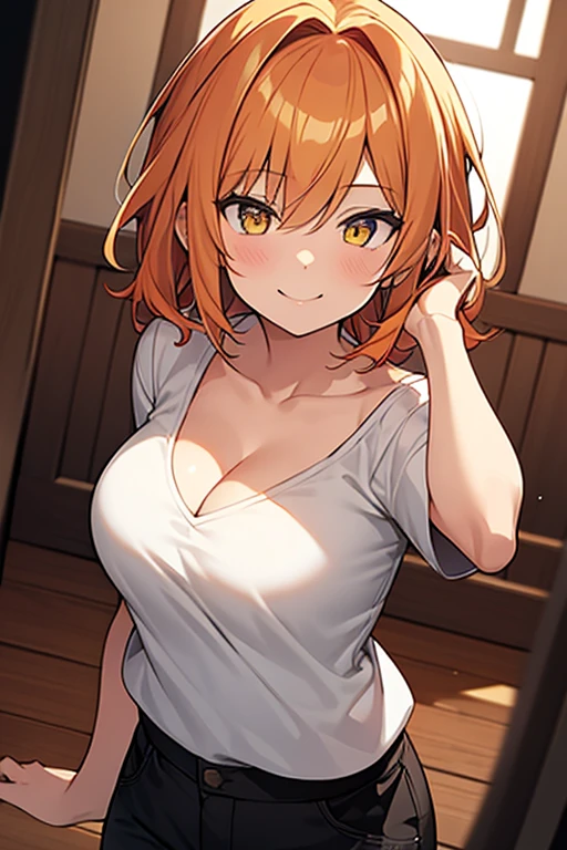 1girl, solo, flick out, orange hair, yellow eyes, short hair, looking at viewers, black t shirt v neck,  best quality, highly quality, big fore head, smiling, Masterpiece, beautiful art, professional artist, 8k, very detailed face, very detailed hair, brown pants, cleavage,   cute smile, upper body, cowboy shot, medium breast, frekles, Anime style, 