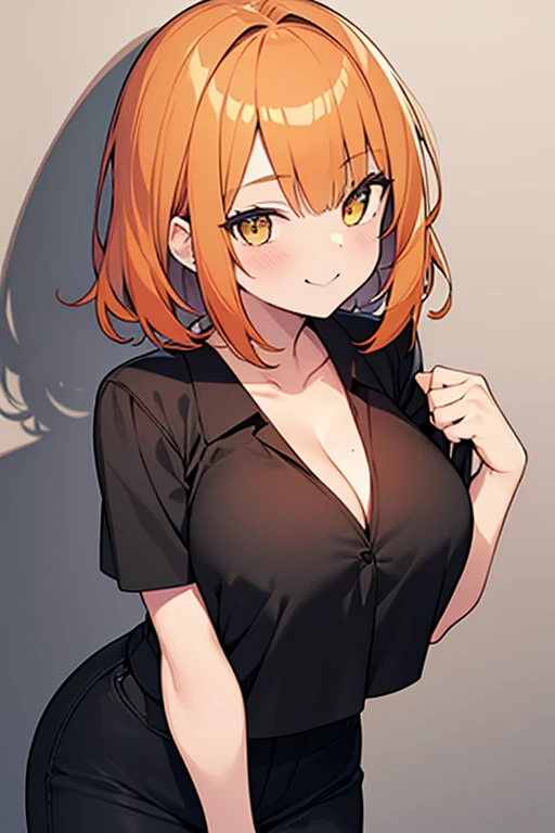 1girl, solo, flick out, orange hair, yellow eyes, short hair, looking at viewers, black t shirt v neck, best quality, highly quality, big fore head, smiling, Masterpiece, beautiful art, professional artist, 8k, very detailed face, very detailed hair, brown pants, cleavage, cute smile, upper body, cowboy shot, medium breast, frekles, Anime style,