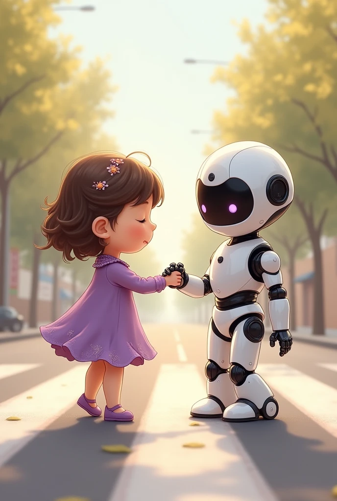 Robot helping cute  eyes closed with black glasses  child  to walk carefully in  road crossing..she wears cute purple frock. Her eyes are closed.her hair is wavy and cute