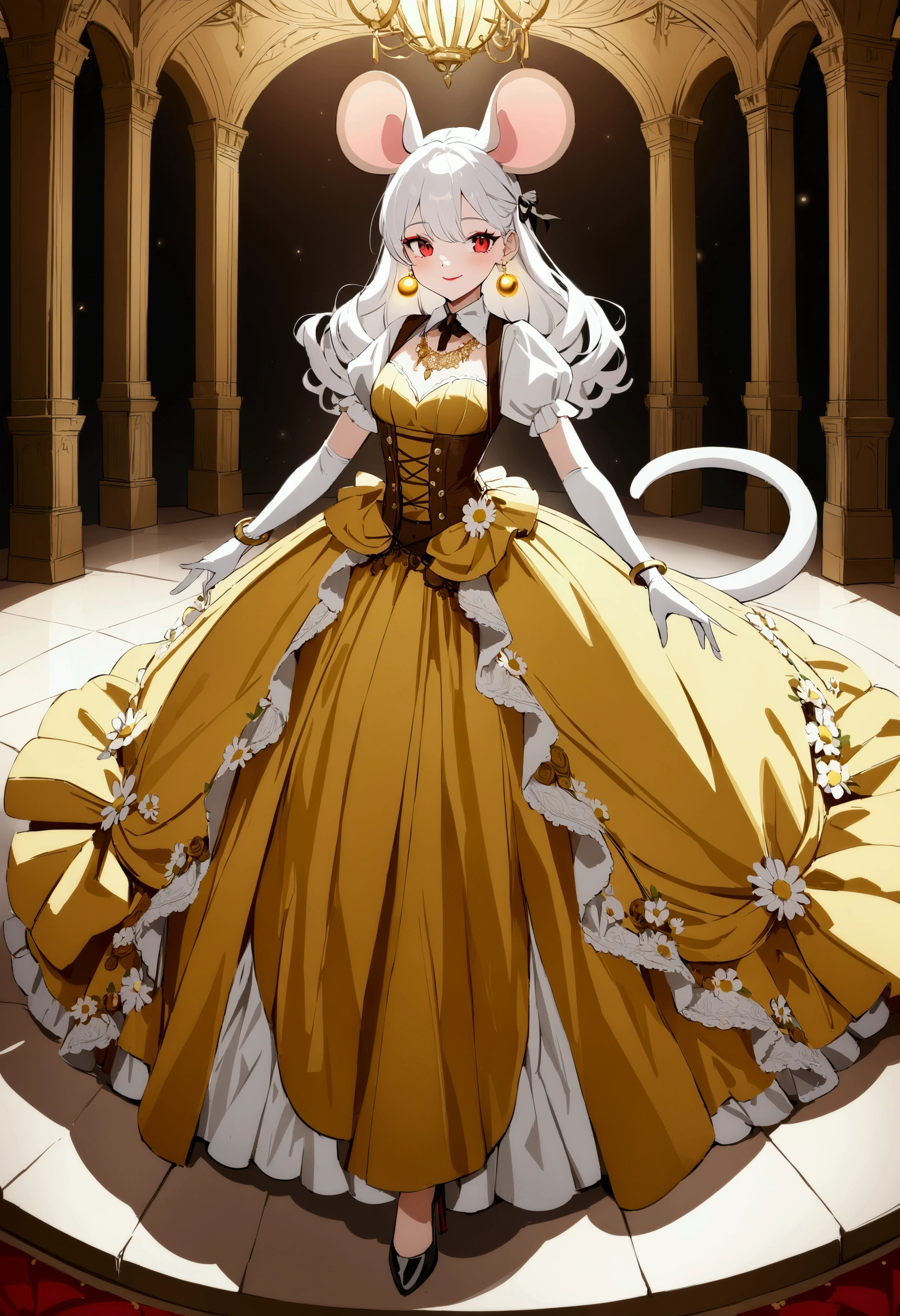 (best quality,4k,8k,highres,masterpiece:1.2), ultra-detailed, Pretty anthropomorphic mouse girl, drawn in anime style, steampunk, wearing a flowery yellow ball gown with puffy sleeves, steampunk, gorgeous frilly dress design,flowing gown,elaborate lace details,rich textures,contrast stitching,delicate ribbon bows,floral accents, daisy flowers embroidery, full skirt,short sleeves,fitted waistline,flared cuffs,lace-up back,luxurious fabrics,flawless silhouette, long curly white hair and red eyes, white fur, smiling, mouse ears and tail, high heels, white elbow gloves, earrings, gold bracelets, red lipstick, eyeshadow, seashell necklace, Standing in a castle ballroom in elegant pose.