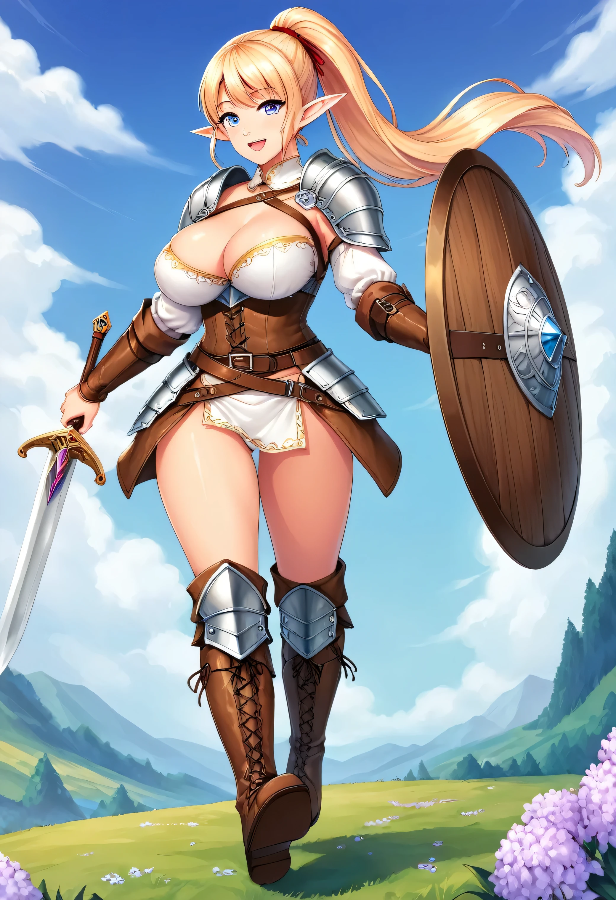a high-quality, full-length image, with no background, of a female elf warrior, with long, straight, blonde hair tied in a ponytail, tied on top of her head, with lilac eyes, large breasts, she is happy, wearing leather armor, holding a sword and a shield, wearing leather boots with iron soles