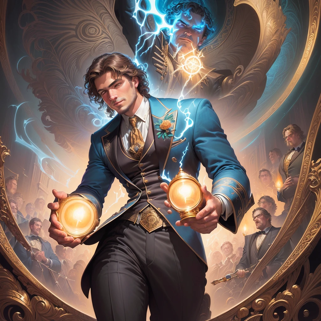 a close-up of a painting of a man holding a light, estilo and mumford e alex gray, The Bosco and Dan Mumford, por Justin Gerard, Alex Gray e Tim Hildebrandt, Anton Fadeev e Mumford, Virgil Finlaytim Hildebrandt, by Jason Benjamin, Cyril Rolando e M.W Kaluta