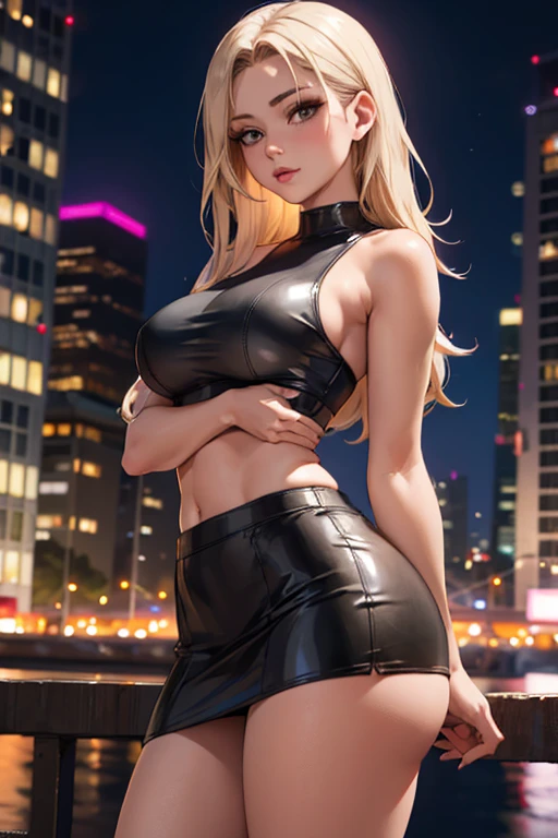 masterpiece, best quality, shadows, perfect hands, perfect legs, perfect anatomy, pretty face, mature features, 1 girl, 21 years old, MILF, mature woman, tight crop top, sexy leather skirt, city night background, white long hair, thighs, ass, breast, seductive, spicy, posing, cinematography lights,