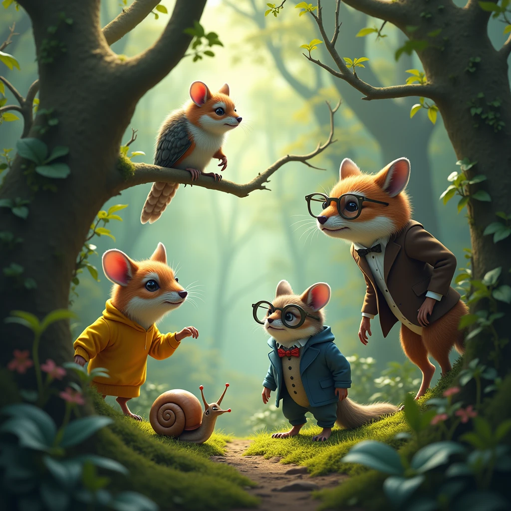 make a forest, add a rat with a yellow sweatshirt, an owl wearing a formal suit, an emo fox and a snail with glasses