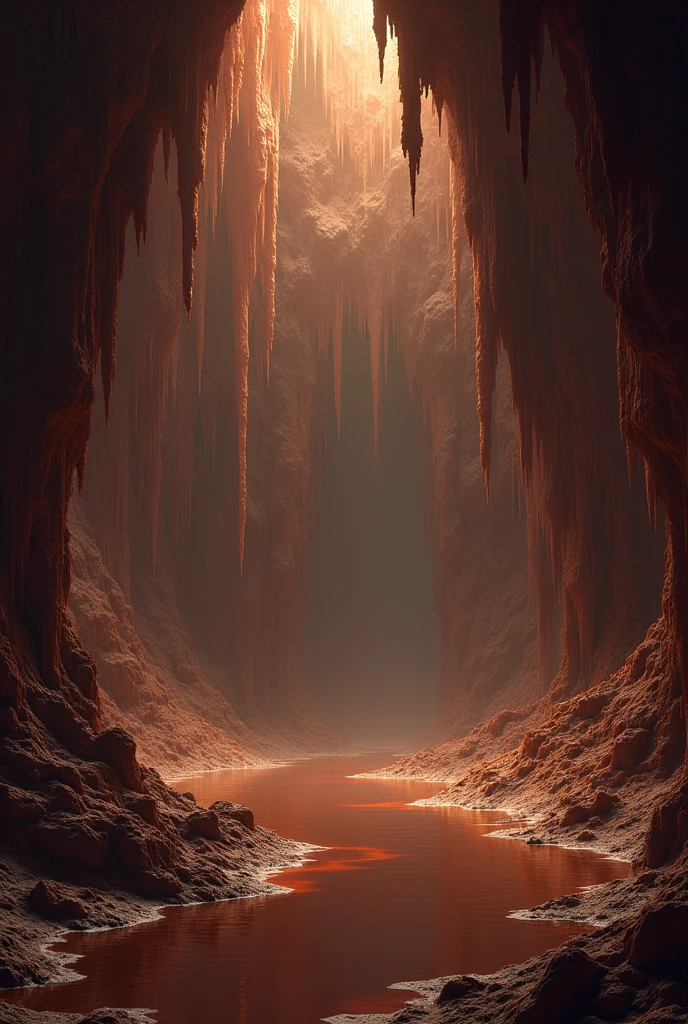 Giant cave in height and width, with dark chocolate brown walls, with large honey-colored caramel stalactites , and without any natural light, and dark, and no entry or exit, underground cave, deep and never explored cave, Minecraft cave style, and with a chocolate lake