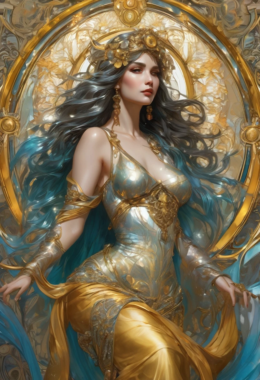 big claws ,Alphonse Mucha Style, intricate and detailed symbolism, ornate gold and silver metal frame, hidden motives and numerology, digital art high quality, cinematic dramatic lighting, bright coloured, work of art, (best qualityer,8k,high resolution,work of art:1.2),ultra detali,(realisitic,photorealisitic,photo-realisitic:1.37),conceptual artwork,digitalpainting