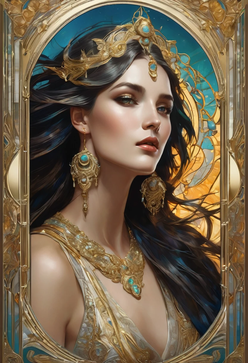 big claws ,Alphonse Mucha Style, intricate and detailed symbolism, ornate gold and silver metal frame, hidden motives and numerology, digital art high quality, cinematic dramatic lighting, bright coloured, work of art, (best qualityer,8k,high resolution,work of art:1.2),ultra detali,(realisitic,photorealisitic,photo-realisitic:1.37),conceptual artwork,digitalpainting