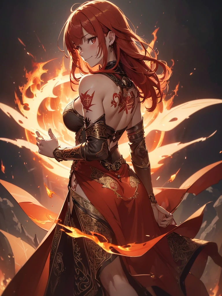 (((best quality, sharp image, clear image, cinematic lighting, 8k resolution, masterpiece, ultra detailed, intricate))) Girl, (((looking over left shoulder))), (shot from behind), fire mage, ((intricate background)), ((chaotic background)), red hair, smiling, ((flame runes, flame sigils)), (tatoo on back), slim figure, flying sigils, long dress, cute