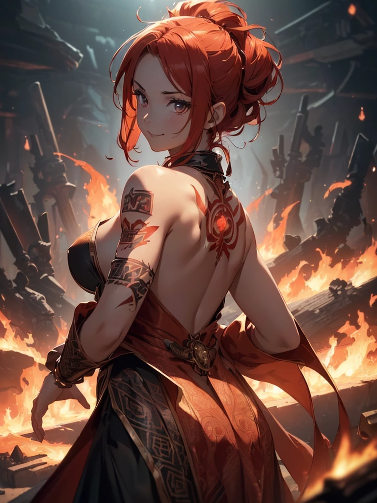 (((best quality, sharp image, clear image, cinematic lighting, 8k resolution, masterpiece, ultra detailed, intricate))) Girl, (((looking over left shoulder))), (shot from behind), fire mage, ((intricate background)), ((chaotic background)), red hair, smiling, ((flame runes, flame sigils)), (tatoo on back), slim figure, flying sigils, long dress, cute