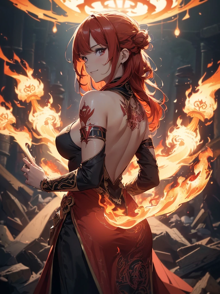 (((best quality, sharp image, clear image, cinematic lighting, 8k resolution, masterpiece, ultra detailed, intricate))) Girl, (((looking over left shoulder))), (shot from behind), fire mage, ((intricate background)), ((chaotic background)), red hair, smiling, ((flame runes, flame sigils)), (tatoo on back), slim figure, flying sigils, long dress, cute