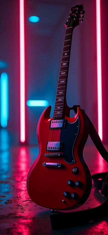 Create a smartphone wallpaper of a Gibson SG., Neon Light、(masterpiece:1.3) (最high quality:1.2) (high quality:1.1)、Cinematic Light,(Film Gain:1.4)|(VHS Video:1.2)(old analog film photography:1.4) Vintage Film (1.8), Analog camera (1.5), Film Grain (1.4), Light leakage (1.2), Soft Focus (1.3), Warm tones (0.2), Retro aesthetic (1.7), Lomography (1.3), Nostalgic atmosphere (1.8), Polaroid style (1.5), Faded colors (1.9), Dreamy look (1.3), Overexposure (1.1), Vignette Effect (1.8), Blurred Edges (1.4),　