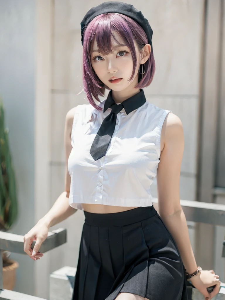 carropinolight purple hair, hairband, hat, small breasts, black shirt, necktie, sleeveless, black skirt, white thighhighs