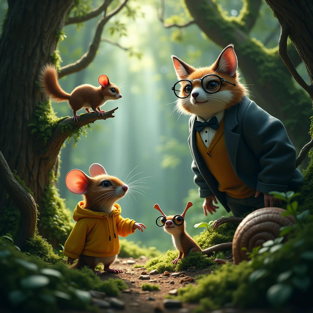 make a forest, add a rat with a yellow sweatshirt, an owl wearing a formal suit, an emo fox and a snail with glasses