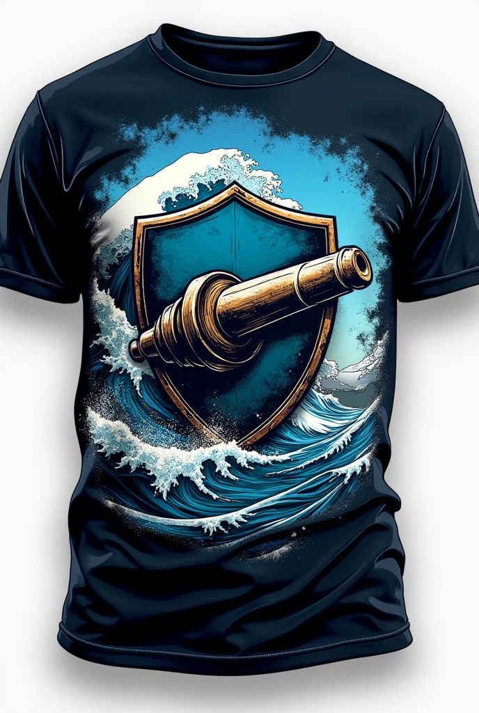 A black and baby blue t-shirt with the blue on top, a cannon on the shield and with waves