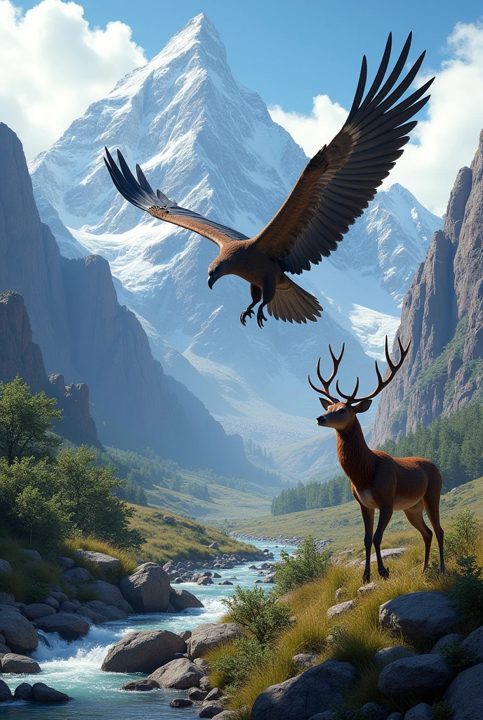 mountain range with condor and huemul behind