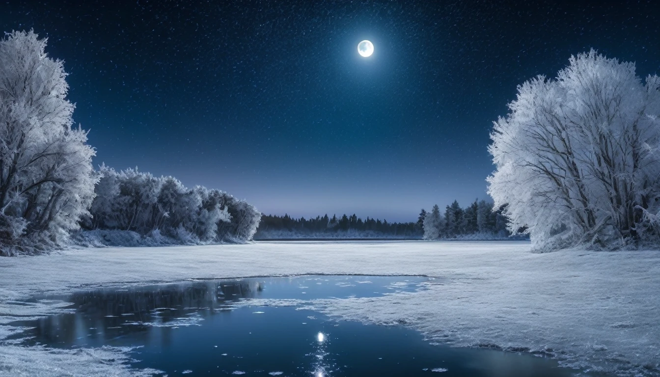 frozen lake lake, night, stars in the sky, moon, severe frost, frost, snowing, 4k, high resolution, high detail, random angle, hyperrealism, 300mm, f/10.0,1/1600ms, HDR