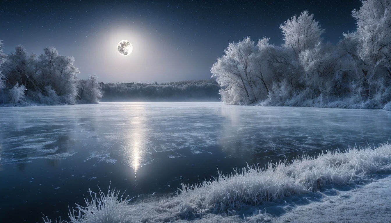 frozen lake lake, night, stars in the sky, moon, severe frost, frost, snowing, 4k, high resolution, high detail, random angle, hyperrealism, 300mm, f/10.0,1/1600ms, HDR