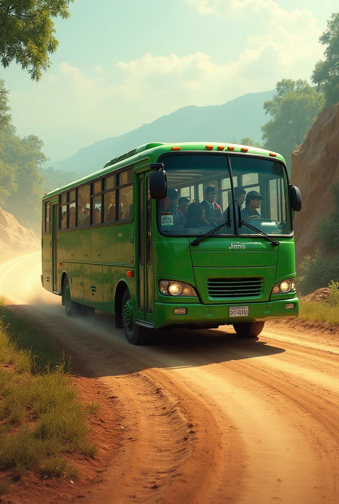 Ônibus Verde articulado numa rua de terra na linha 013