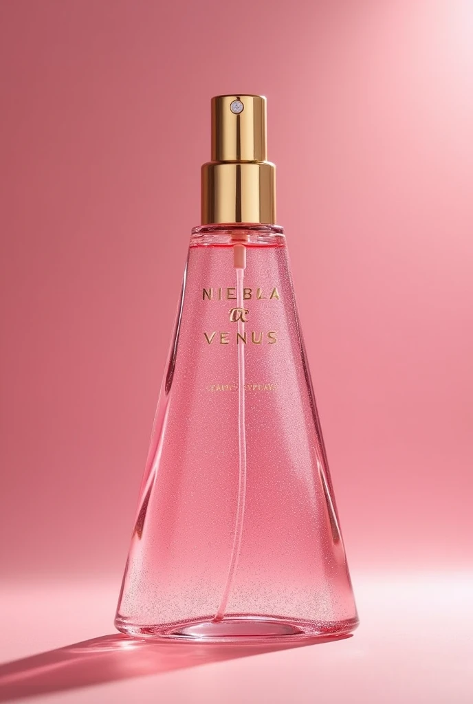 create a body splash with the brand name Champo Cosméticos with packaging, straight lid in a triangle made of liquid pink plastic with glitter, golden spray valve with the name Niebla de Venus