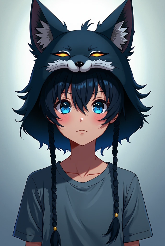 Good afternoon, Could you create a boy anime style character for me, taking into account the name SHADOW FOX?, THAT THE BOY WEARS A T-SHIRT WITH A BLACK FOX HAT WITH A MIXTURE OF THE WHITE MOUTH AND THE BLUE EYES, THESE CHARACTERISTICS ARE OF THE FOX AND THE BOY WHO HAS MEDIUM DARK HAIR AND HAS MEDIUM DARK COMPLEXION