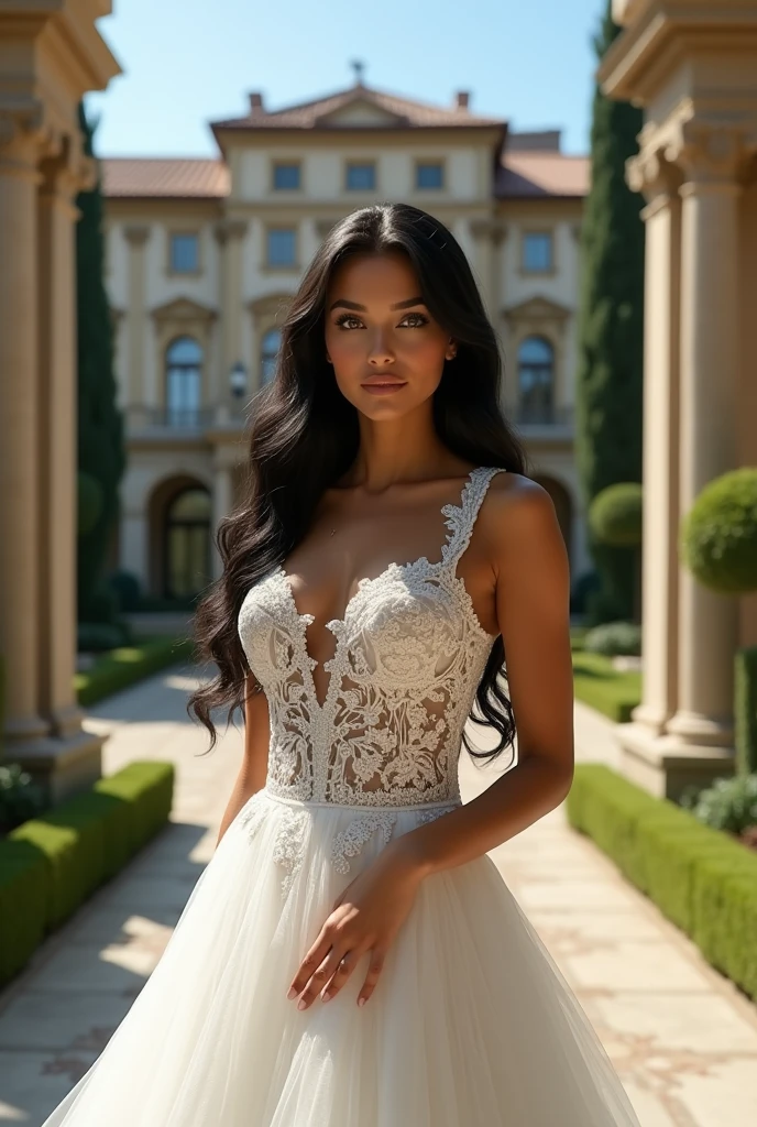 Beautiful woman, 22 years old, olive skin, long black hair and intense blue eyes. She is wearing a luxurious wedding dress. behind her a luxurious mansion in Italy. The expression on your face would be
