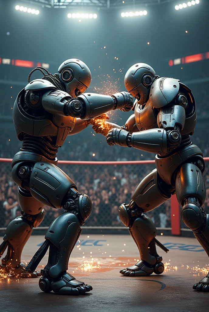 Cree moi une image de boxe avec le film real steel dans une cage ufc