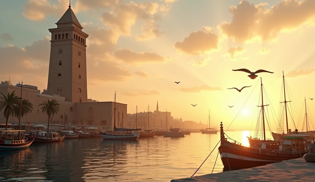 Closing with images of the port of Alexandria and the ruined lighthouse, as the sun sets over the Mediterranean