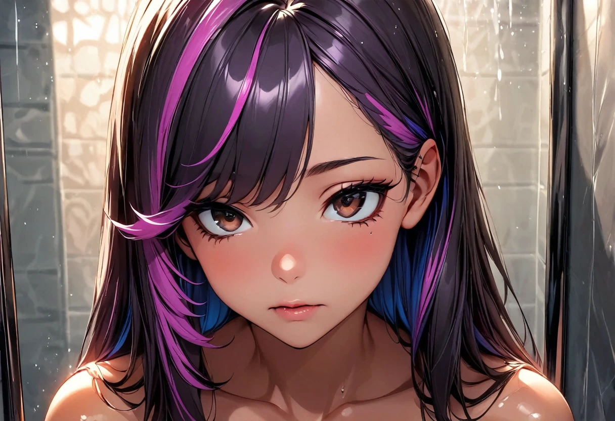 (highest quality:1.2, Very detailed, up to date, Vibrant, Ultra-high resolution, High Contrast, masterpiece:1.2, highest quality, Best aesthetics), Portraiture、girl, solo, (25-years-old:1), Bright colors、Beautiful fine details、Beautiful lip detail, long hair、black and purple ((streaked hair:1.6)), highlights hair: 1.5, brown eyes, ((slim body:1.4)), (small breast:0.7), (dark skin:0.5), (She is taking a shower from his head:1), in the shower room. looking up, ((upper body))