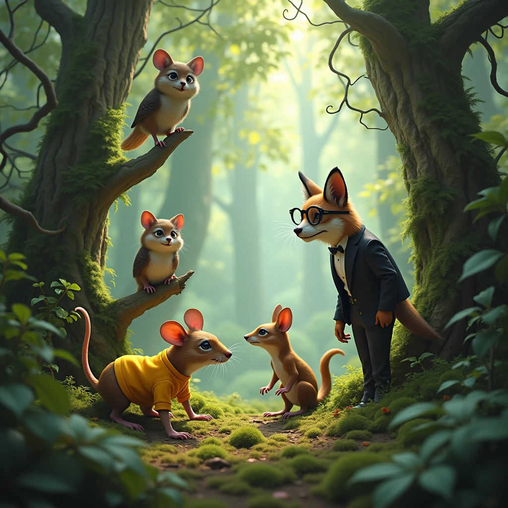 make a forest, add a rat with a yellow sweatshirt, an owl wearing a formal suit, an emo fox and a snail with glasses