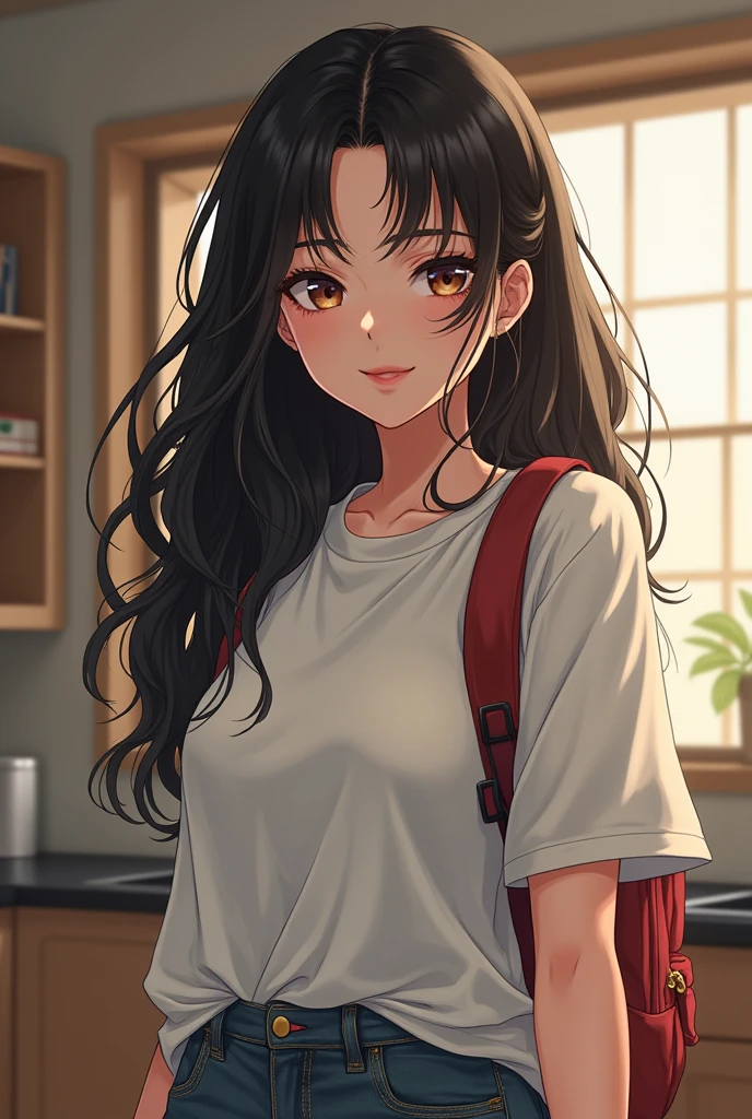 1girl, masterpiece, best quality,looking at viewer, ,oversized t-shirt,front view,smile,black hair, headphine, indoors,brown eyes,center, smile, wearing randoseru backpack, bulge, cloth bulge, (futanari:1.0), 22 y.o