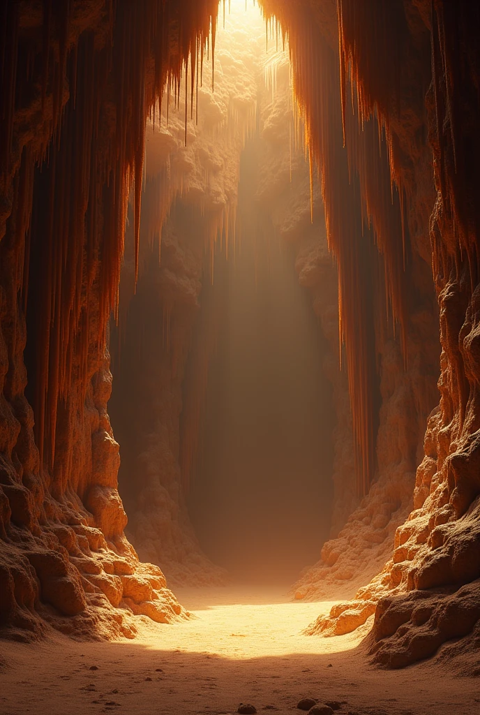 Giant cave in height and width, with dark chocolate brown walls, with large honey-colored caramel stalactites , and without any natural light, and dark, and no entry or exit, underground cave, deep and never explored cave, Minecraft cave style, and with a sandy paçoca floor
