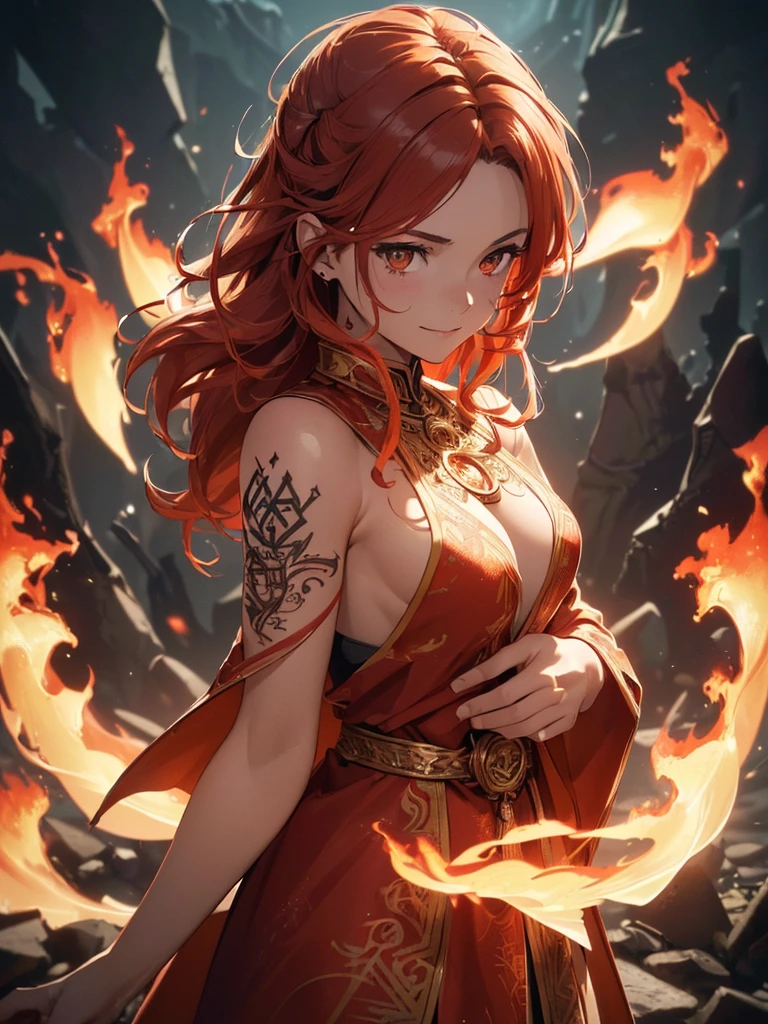 (((best quality, sharp image, clear image, cinematic lighting, 8k resolution, masterpiece, ultra detailed, intricate))) Girl, (((looking over left shoulder))), (shot from behind), fire mage, ((intricate background)), ((chaotic background)), red hair, smiling, ((flame runes, flame sigils)), (tatoo on back), slim figure, flying sigils, long dress, cute