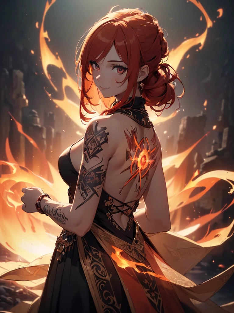 (((best quality, sharp image, clear image, cinematic lighting, 8k resolution, masterpiece, ultra detailed, intricate))) Girl, (((looking over left shoulder))), (shot from behind), fire mage, ((intricate background)), ((chaotic background)), red hair, smiling, ((flame runes, flame sigils)), (tatoo on back), slim figure, flying sigils, long dress, cute