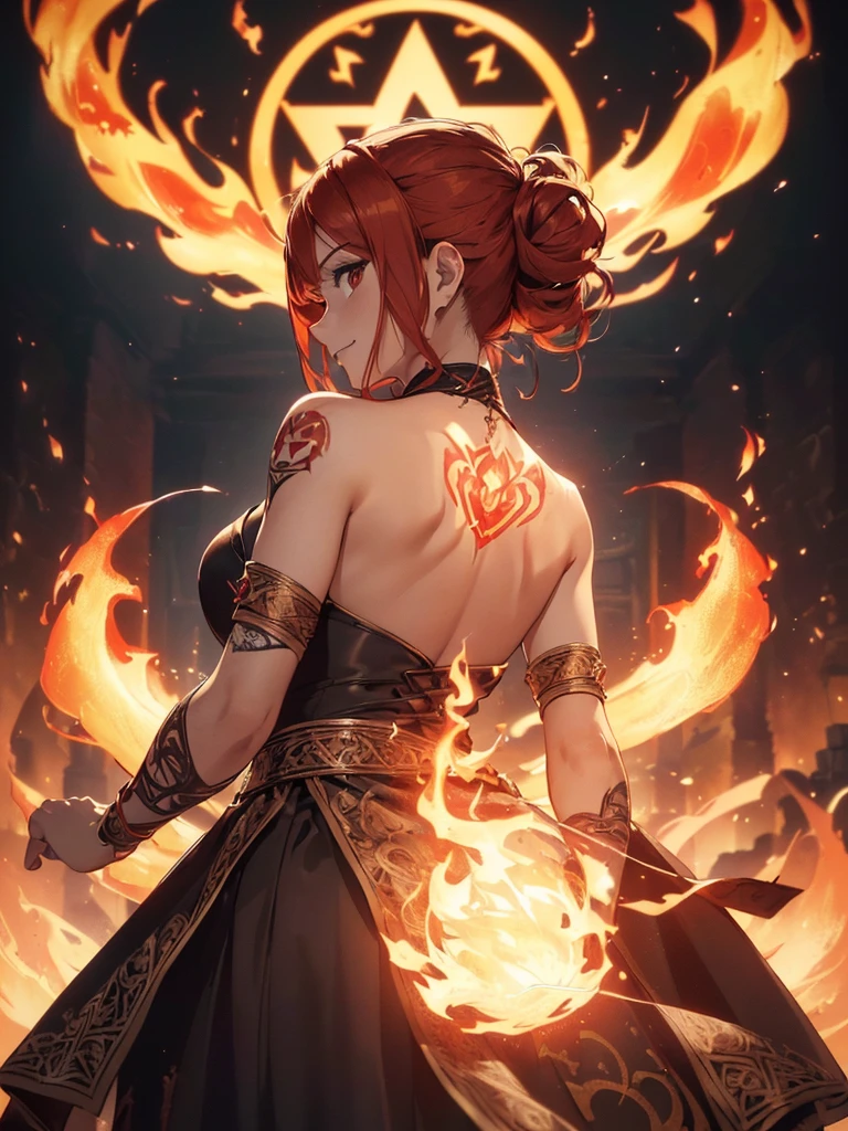 (((best quality, sharp image, clear image, cinematic lighting, 8k resolution, masterpiece, ultra detailed, intricate))) Girl, (((looking over left shoulder))), (shot from behind), fire mage, ((intricate background)), ((chaotic background)), red hair, smiling, ((flame runes, flame sigils)), (tatoo on back), slim figure, flying sigils, long dress, cute