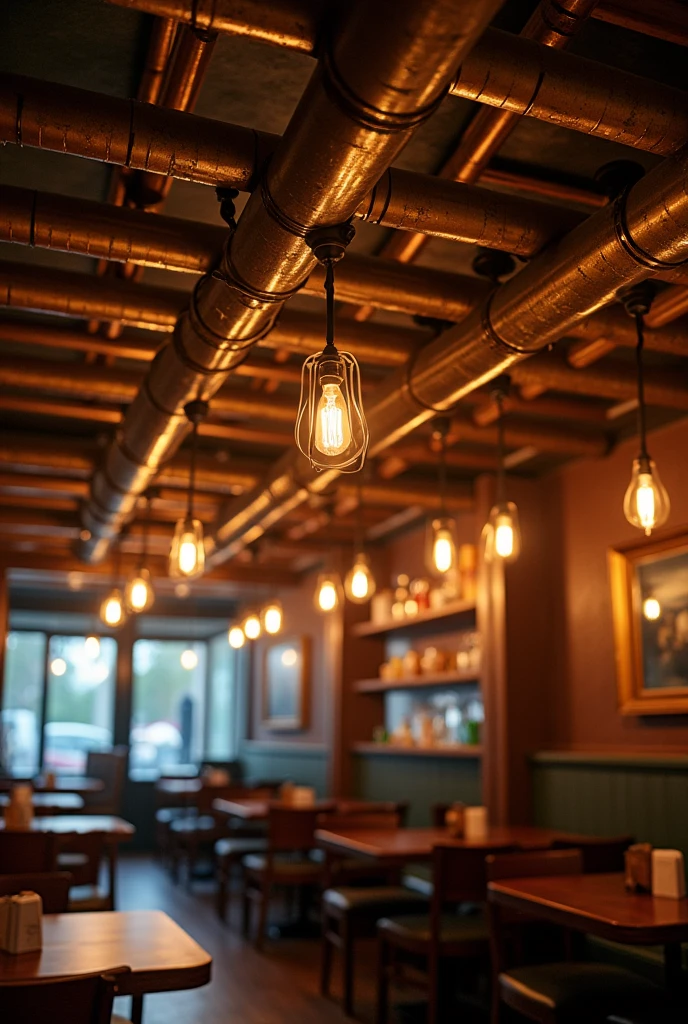 Show me a picture of a ceiling decorated with metal tubes from which warm lights hang in a vintage restaurant


