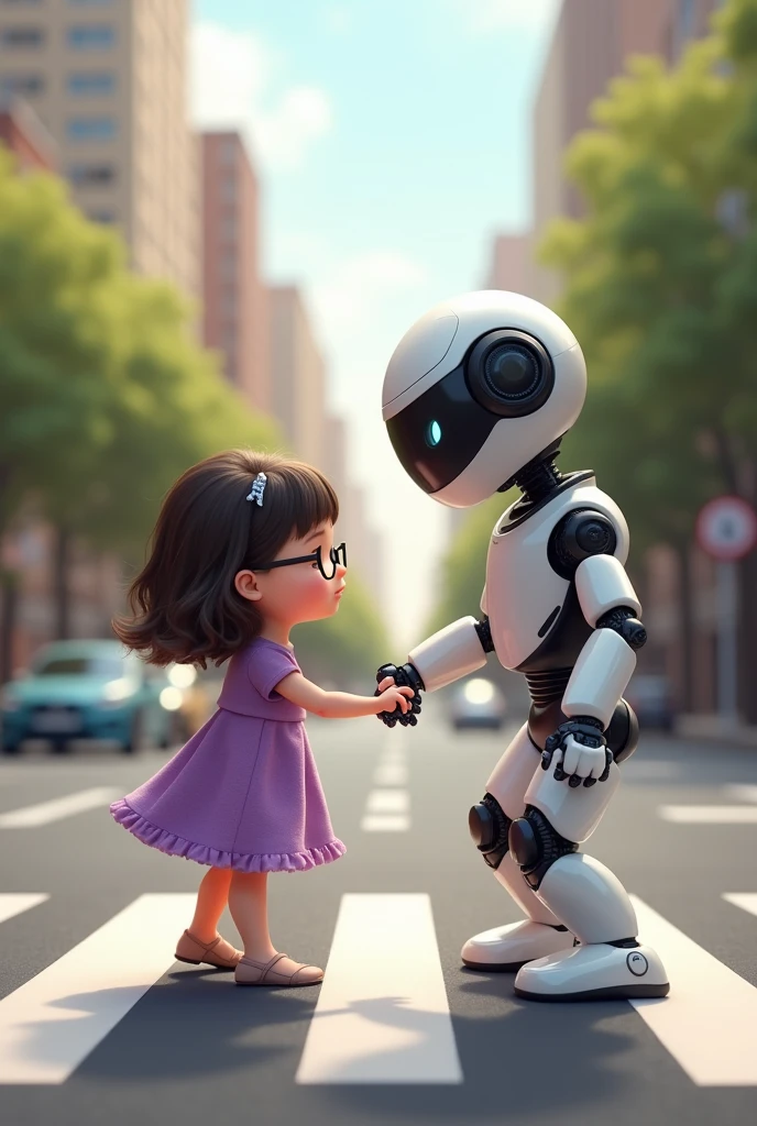 Robot helping cute eyes closed with black glasses baby
child to walk carefully in road crossing..she wears cute purple frock. Her eyes are closed.her hair is wavy and cute.she wearing specs