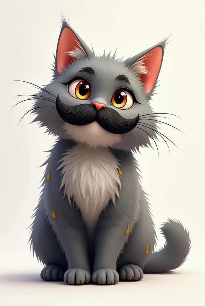 Create a furry cat, gray with small yellow details, that has a hairy mustache, in animation line, most realistic